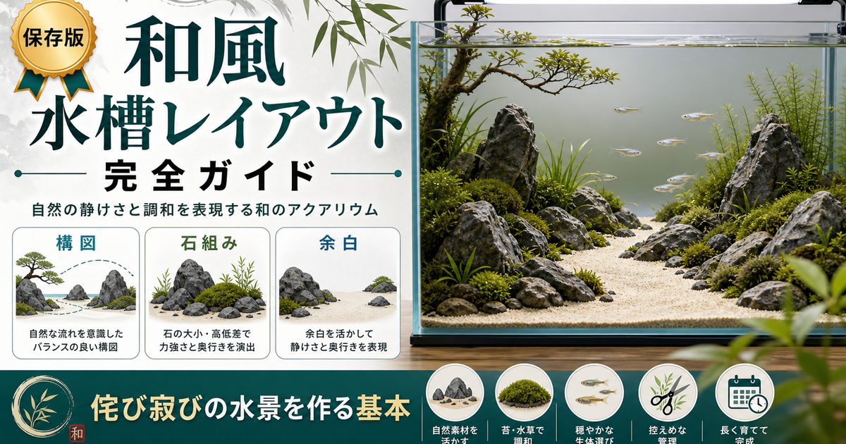 和風水槽レイアウト完全ガイド｜侘び寂びの水景を作るの要点を伝える淡水魚記事アイキャッチ画像