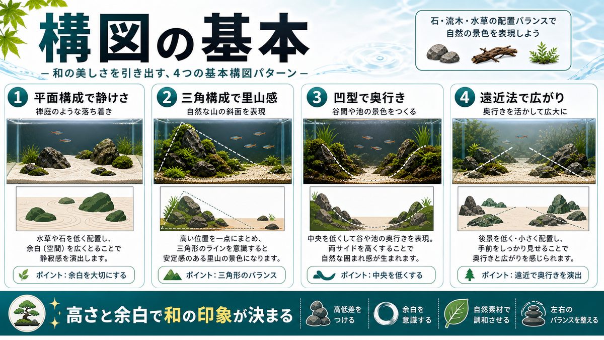 和風レイアウトの構図の要点をまとめた淡水魚飼育インフォグラフィック