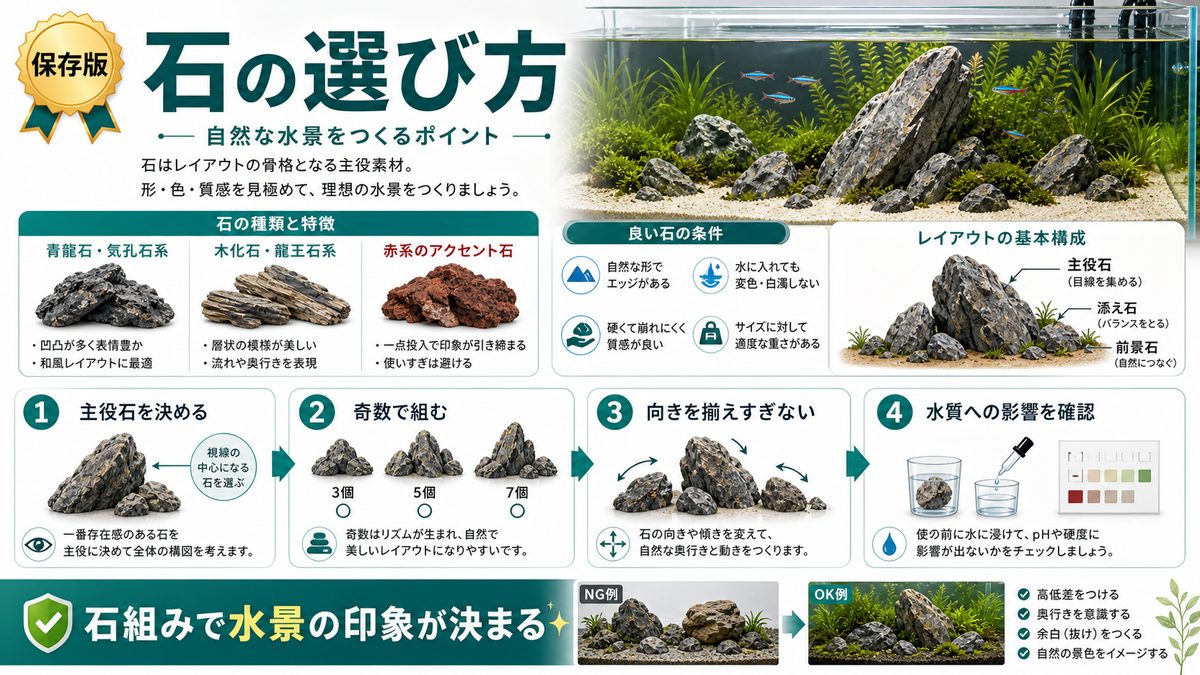 主役素材:石の選び方の要点をまとめた淡水魚飼育インフォグラフィック