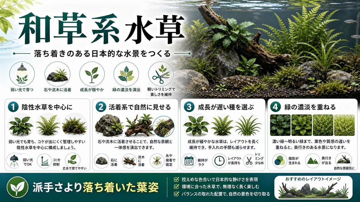 和草系水草の選び方の要点をまとめた淡水魚飼育インフォグラフィック
