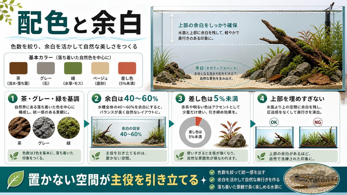 配色と余白の使い方の要点をまとめた淡水魚飼育インフォグラフィック