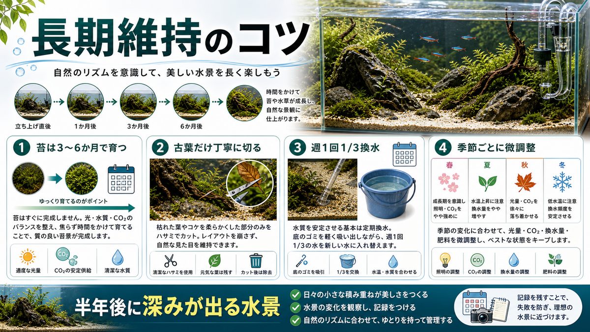 長期維持のコツの要点をまとめた淡水魚飼育インフォグラフィック
