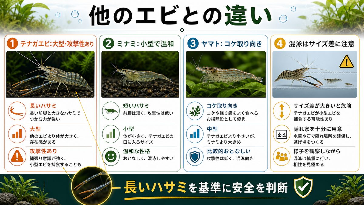 他のエビとの違いの要点をまとめた淡水魚飼育インフォグラフィック