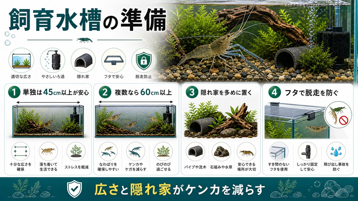 飼育水槽の要点をまとめた淡水魚飼育インフォグラフィック