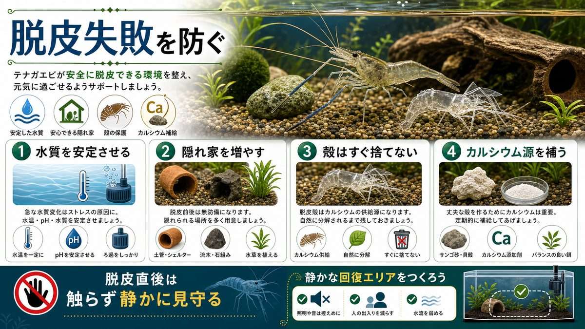 脱皮と注意点の要点をまとめた淡水魚飼育インフォグラフィック