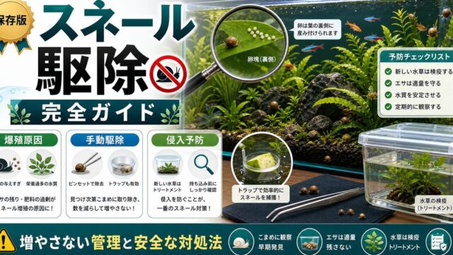 スネール（モノアラガイ等）駆除完全ガイド｜爆殖した小型貝の対処法の要点を伝える淡水魚記事アイキャッチ画像