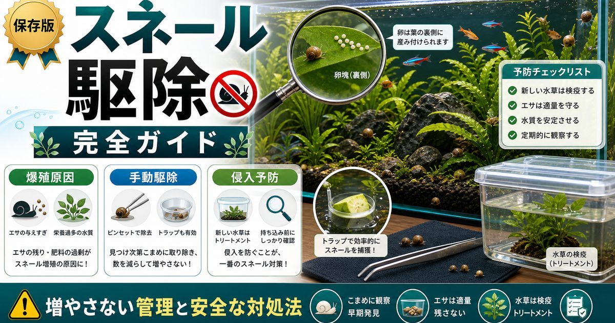 スネール（モノアラガイ等）駆除完全ガイド｜爆殖した小型貝の対処法の要点を伝える淡水魚記事アイキャッチ画像