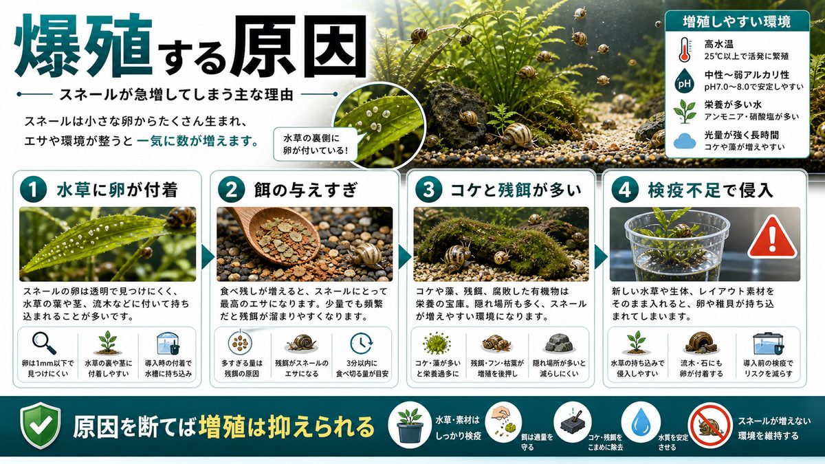 スネールが爆殖する原因の要点をまとめた淡水魚飼育インフォグラフィック