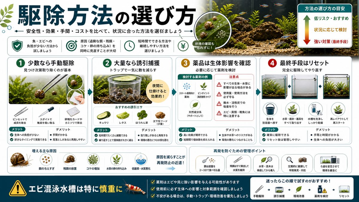 駆除方法の選択肢一覧の要点をまとめた淡水魚飼育インフォグラフィック