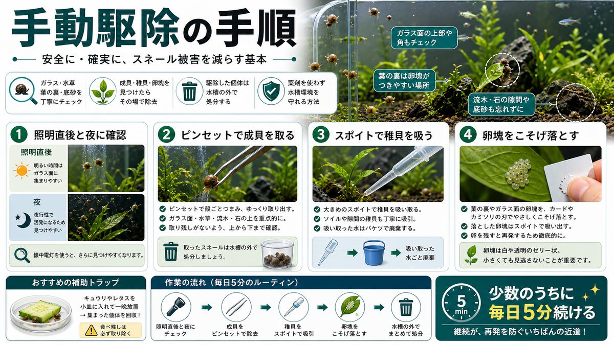 手動駆除の具体的方法の要点をまとめた淡水魚飼育インフォグラフィック