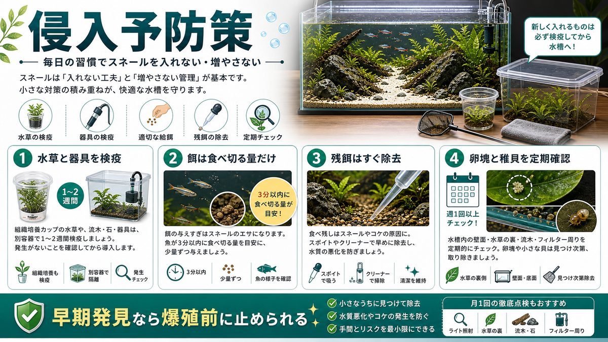 スネール侵入予防策の要点をまとめた淡水魚飼育インフォグラフィック