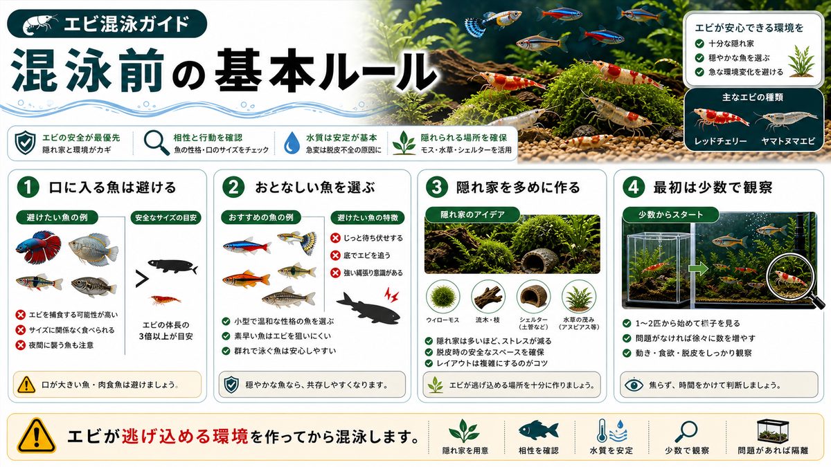 エビ混泳の基本ルールの要点をまとめた淡水魚飼育インフォグラフィック