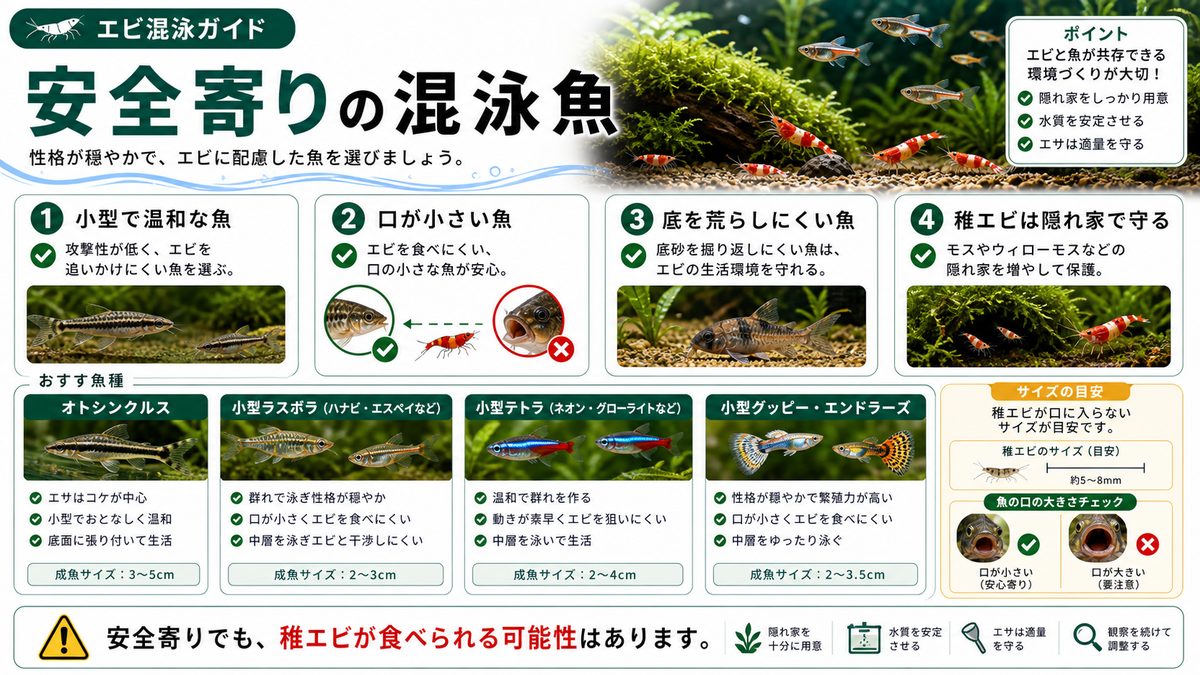 安全な混泳魚種の要点をまとめた淡水魚飼育インフォグラフィック