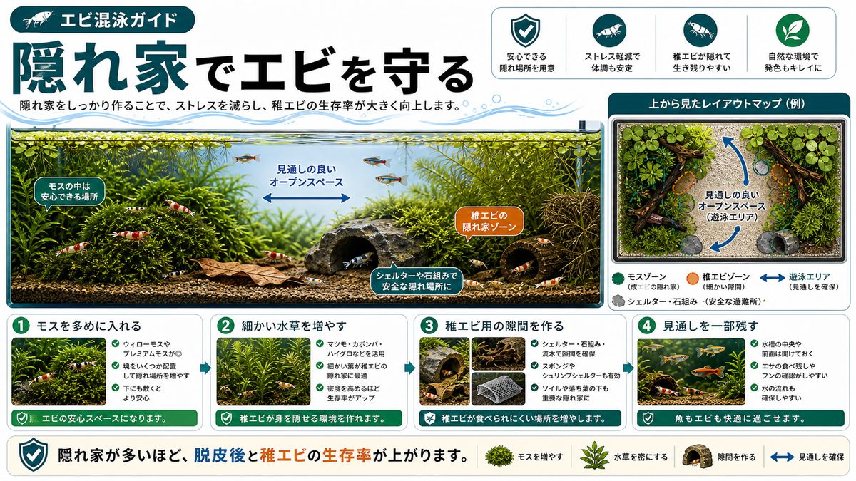 隠れ家の重要性の要点をまとめた淡水魚飼育インフォグラフィック
