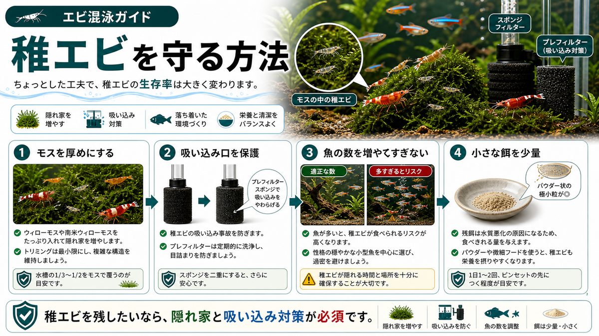 稚エビを守る方法の要点をまとめた淡水魚飼育インフォグラフィック