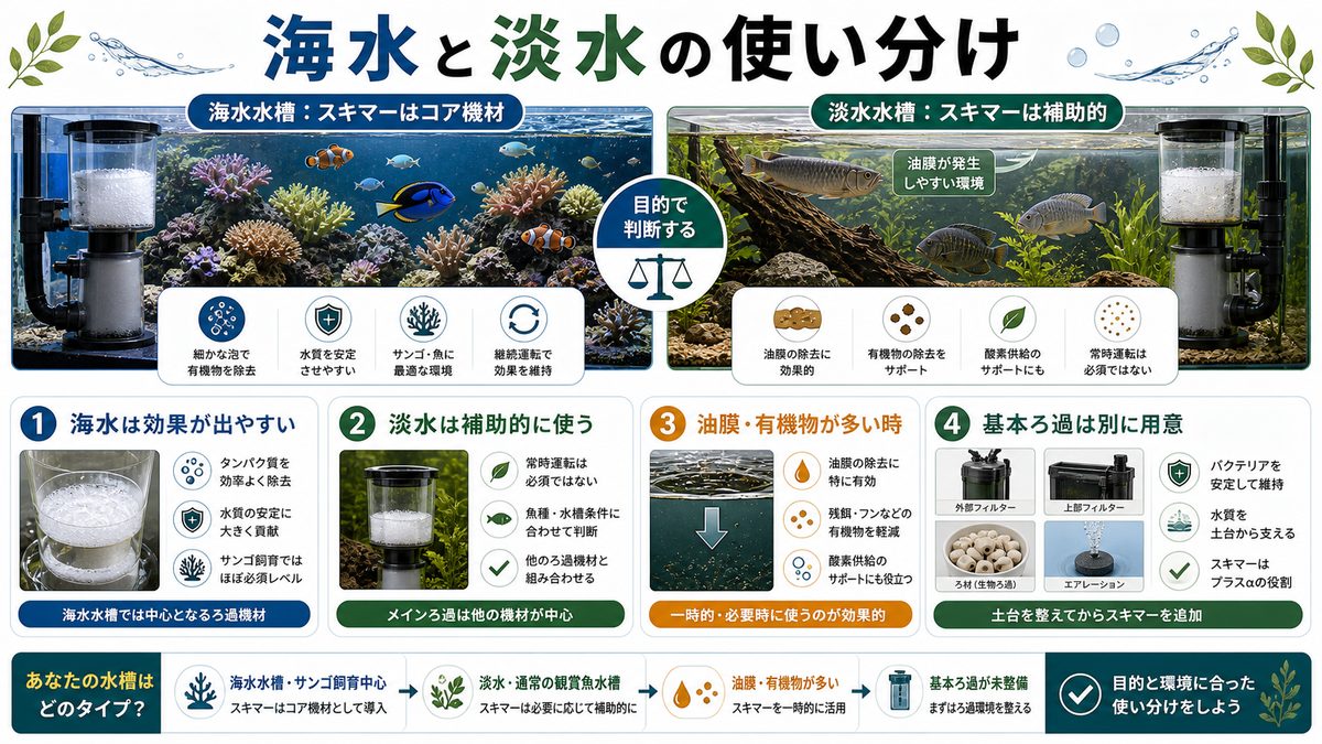 海水と淡水でのスキマーの使い分けの要点をまとめた淡水魚飼育インフォグラフィック
