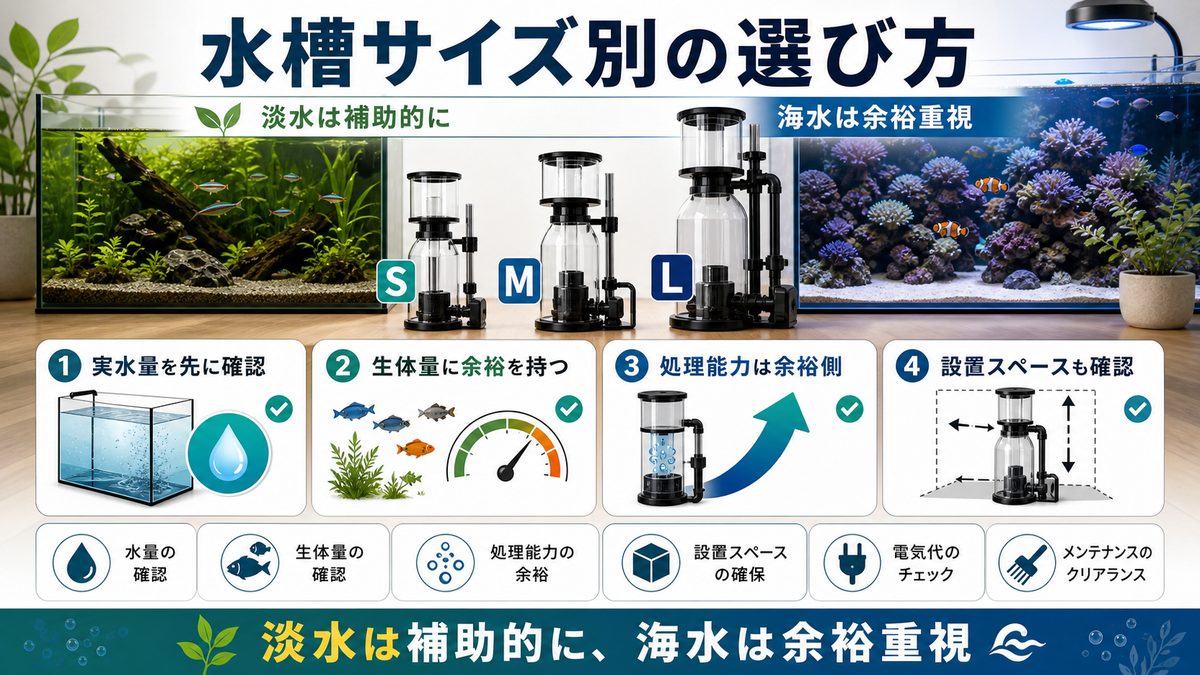 水槽サイズ別の選び方の要点をまとめた淡水魚飼育インフォグラフィック