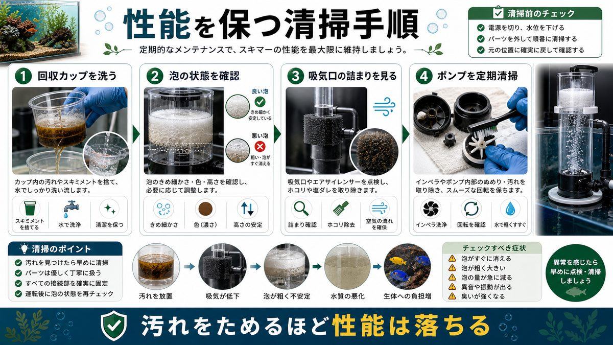 メンテナンス方法の要点をまとめた淡水魚飼育インフォグラフィック
