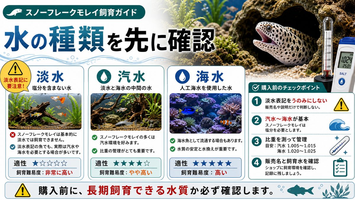 淡水・汽水・海水ウツボの違いと飼育難易度の要点をまとめた淡水魚飼育インフォグラフィック