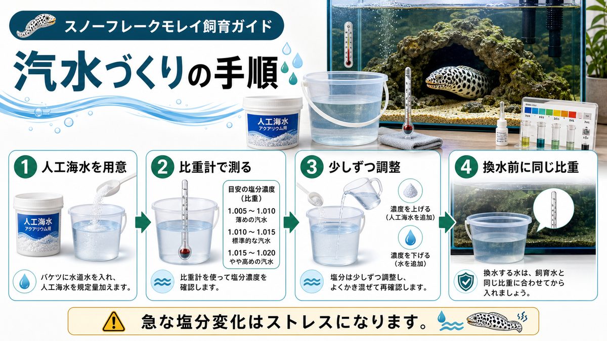 汽水の作り方と塩分濃度の管理の要点をまとめた淡水魚飼育インフォグラフィック