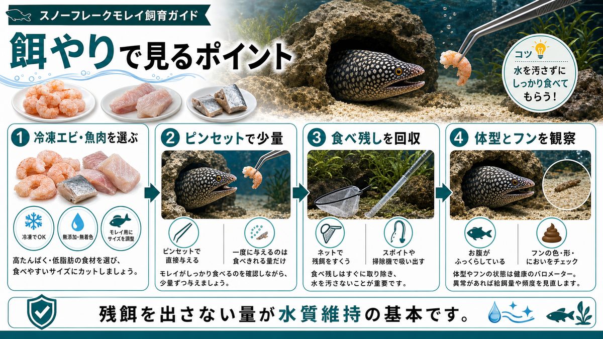スノーフレークモレイの餌の選び方と与え方の要点をまとめた淡水魚飼育インフォグラフィック