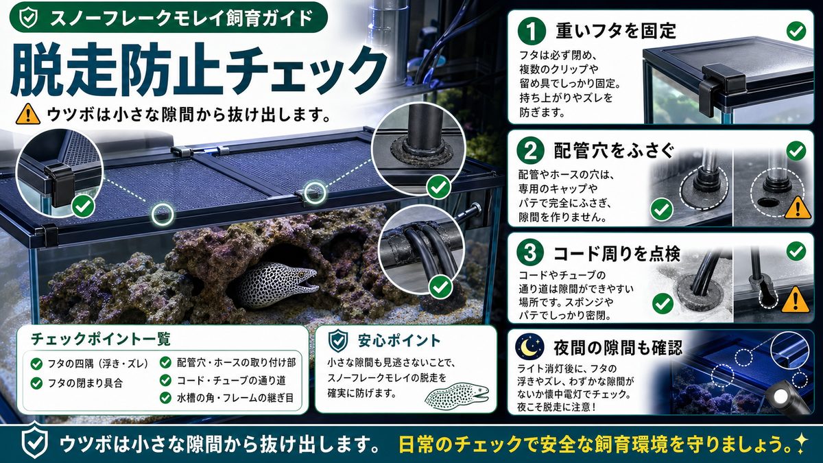 脱走防止の完全対策マニュアルの要点をまとめた淡水魚飼育インフォグラフィック