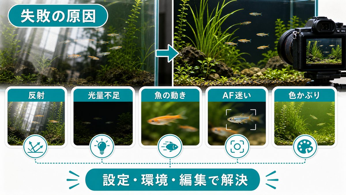 水槽・水中撮影が難しい理由と解決策の要点をまとめた淡水魚飼育インフォグラフィック