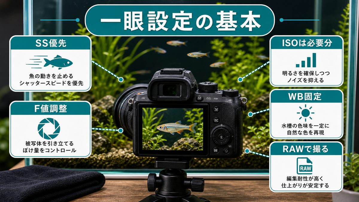 一眼レフ・ミラーレスカメラの設定方法の要点をまとめた淡水魚飼育インフォグラフィック