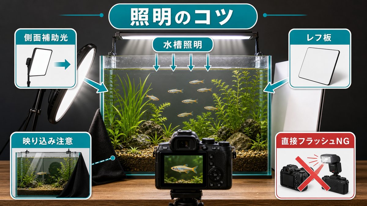 照明・ライティングのテクニックの要点をまとめた淡水魚飼育インフォグラフィック
