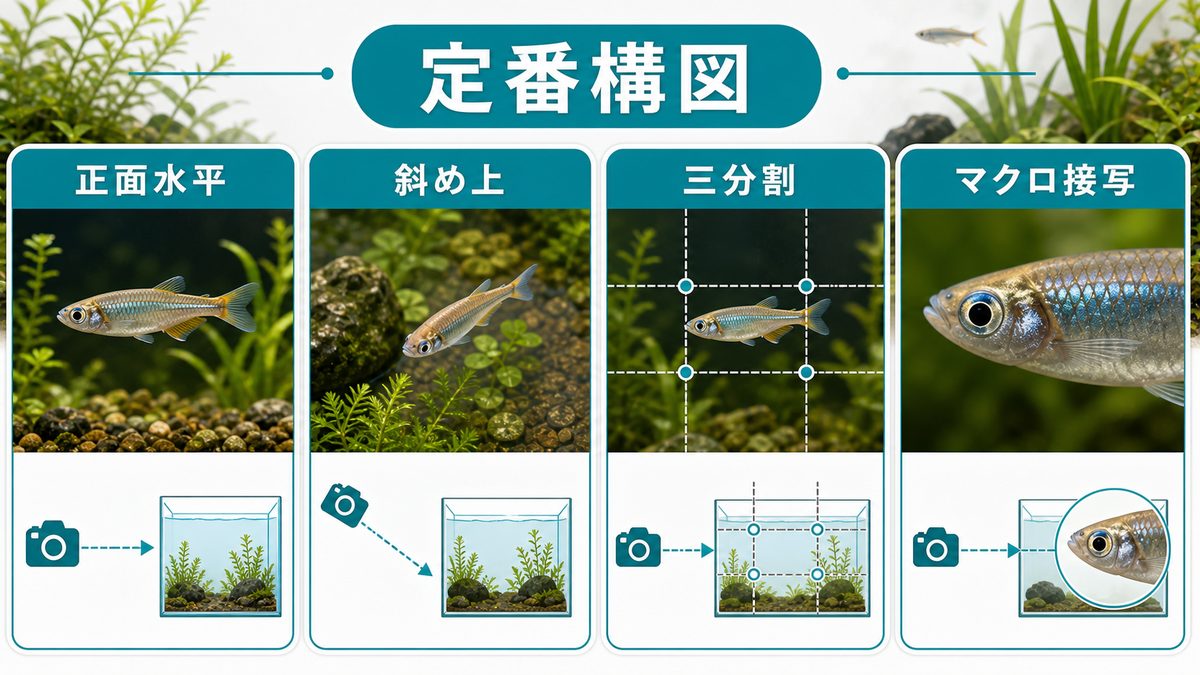 水槽撮影の定番構図とアングルの要点をまとめた淡水魚飼育インフォグラフィック