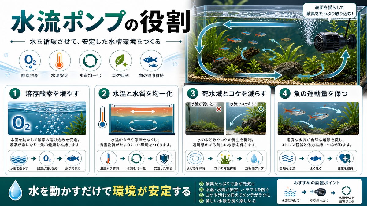 水流ポンプの役割と必要性の要点をまとめた淡水魚飼育インフォグラフィック