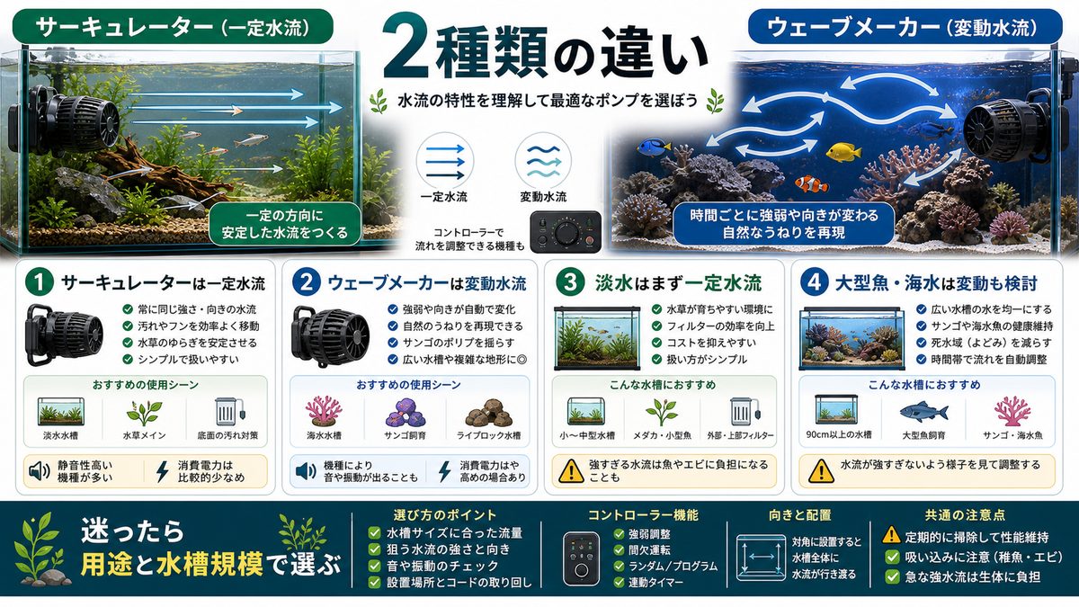 サーキュレーターとウェーブメーカーの違いの要点をまとめた淡水魚飼育インフォグラフィック