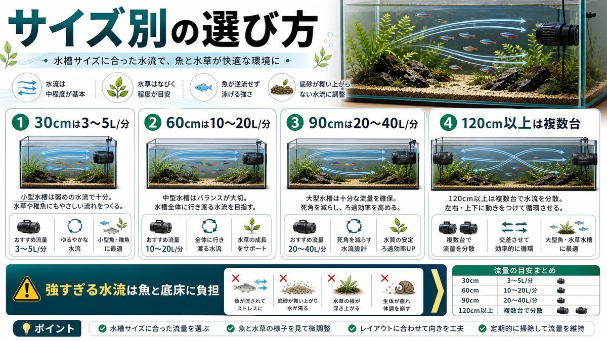 水槽サイズ別の選び方の要点をまとめた淡水魚飼育インフォグラフィック