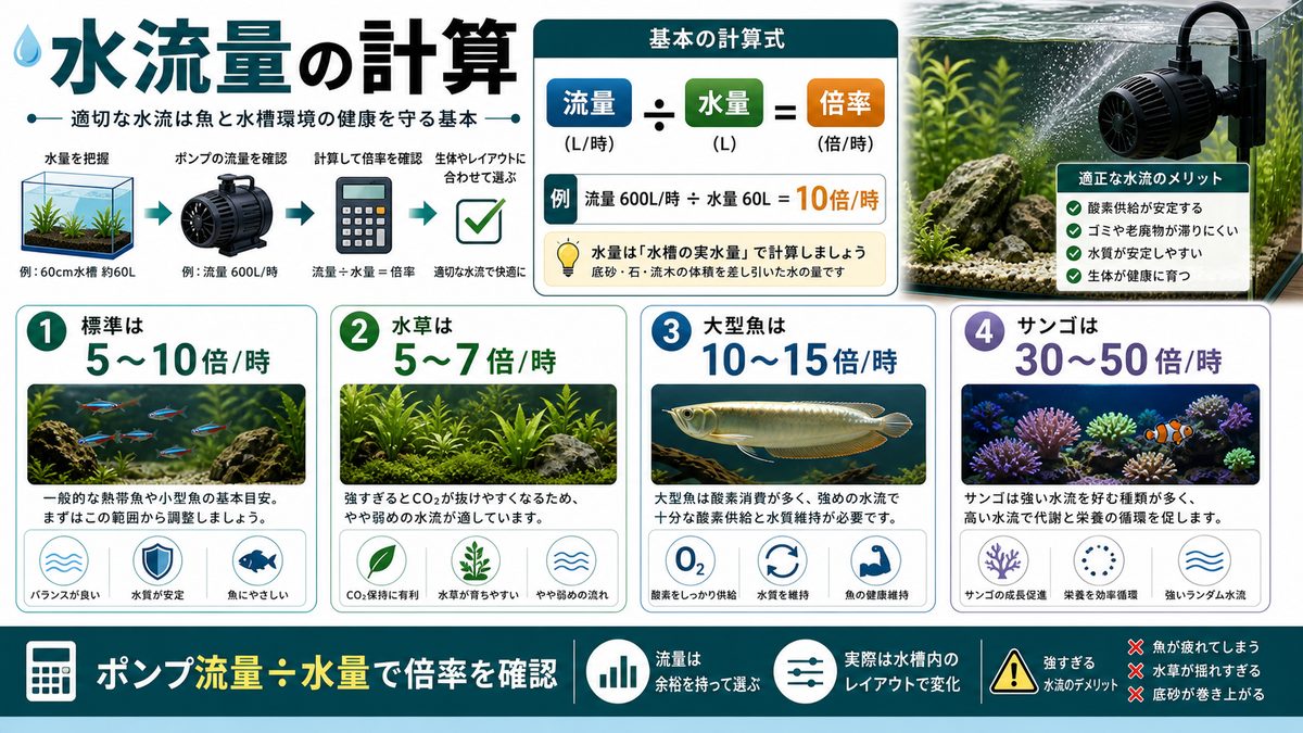 水流量の計算方法の要点をまとめた淡水魚飼育インフォグラフィック