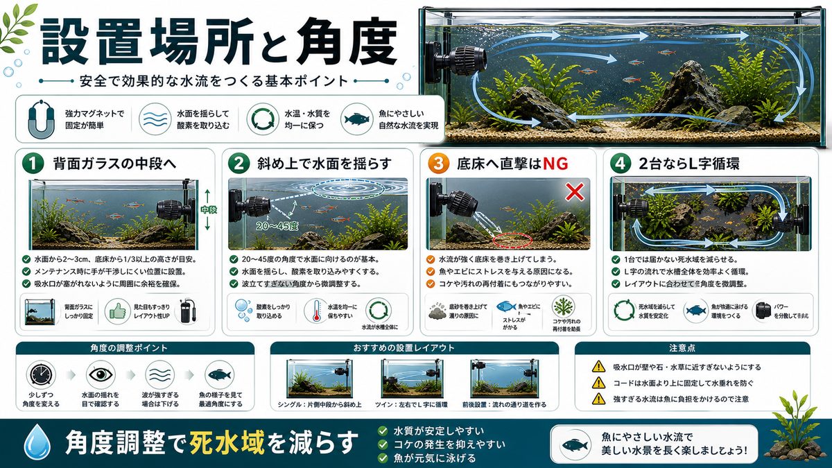 設置場所と角度の要点をまとめた淡水魚飼育インフォグラフィック