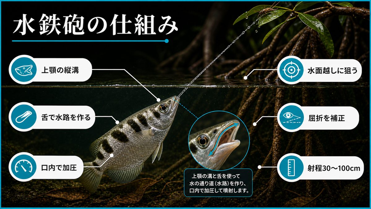 水鉄砲の驚くべき仕組みの要点をまとめた淡水魚飼育インフォグラフィック