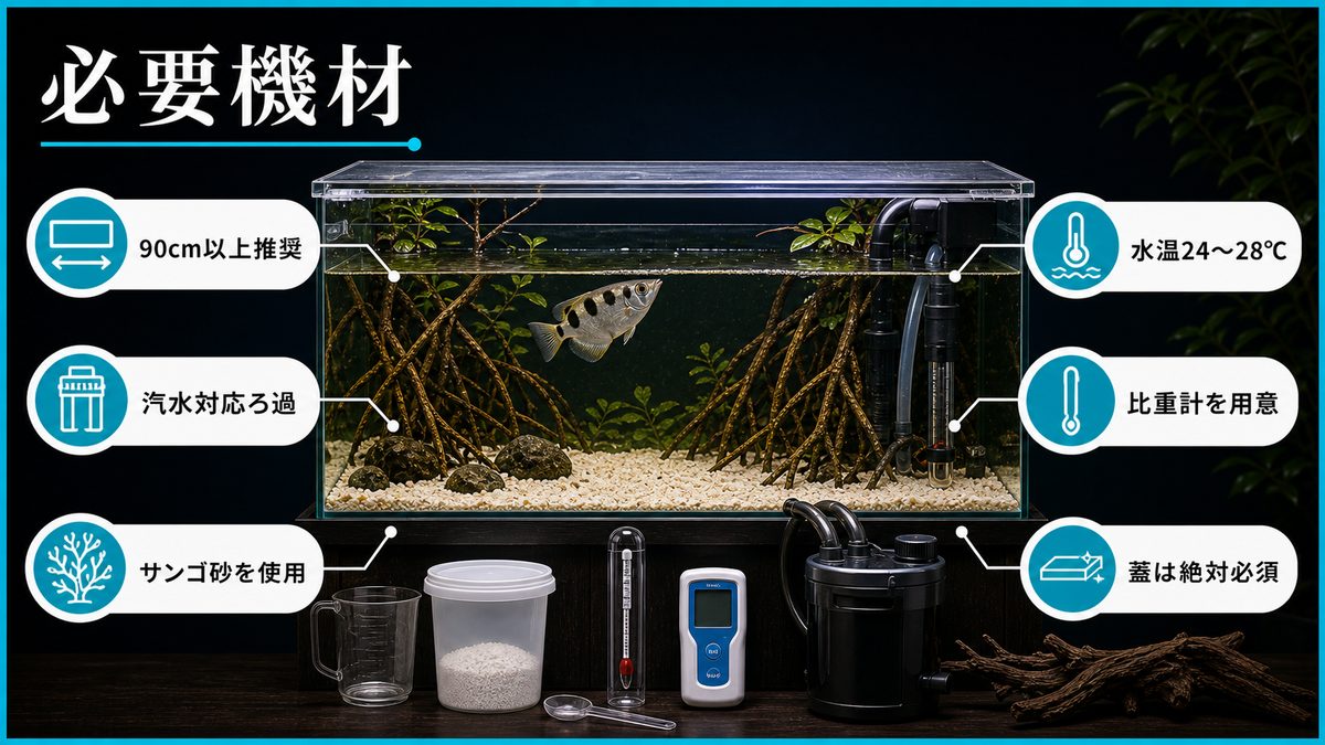 飼育に必要な機材一式の要点をまとめた淡水魚飼育インフォグラフィック