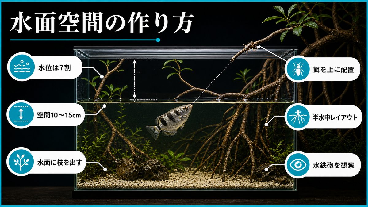 水面までの空間確保とレイアウトの要点をまとめた淡水魚飼育インフォグラフィック