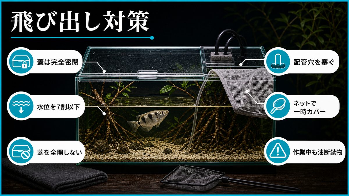 飛び出し事故対策の詳細の要点をまとめた淡水魚飼育インフォグラフィック