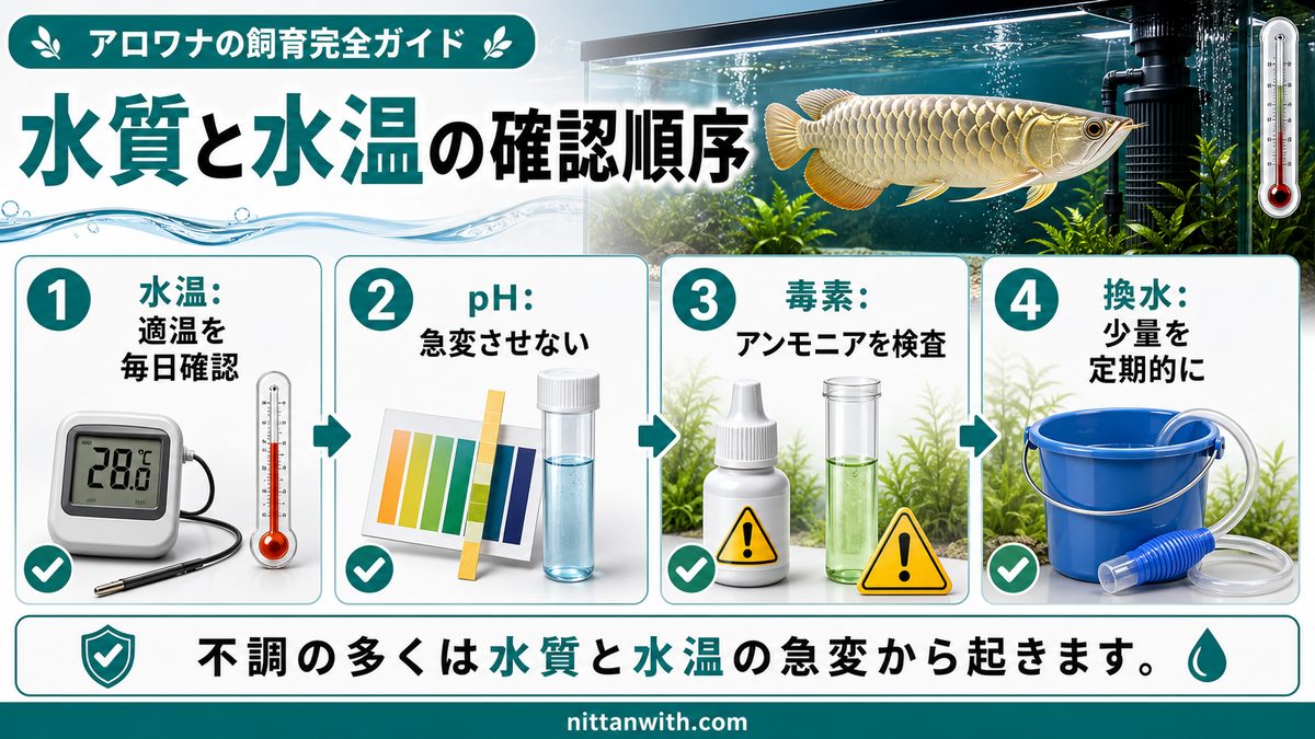 アロワナの水質管理と水換えの要点をまとめた淡水魚飼育インフォグラフィック