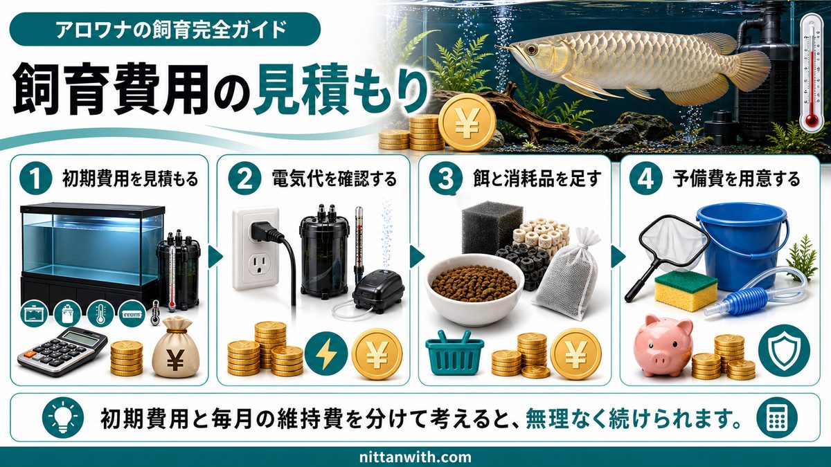 アロワナ飼育の費用と初期投資の要点をまとめた淡水魚飼育インフォグラフィック