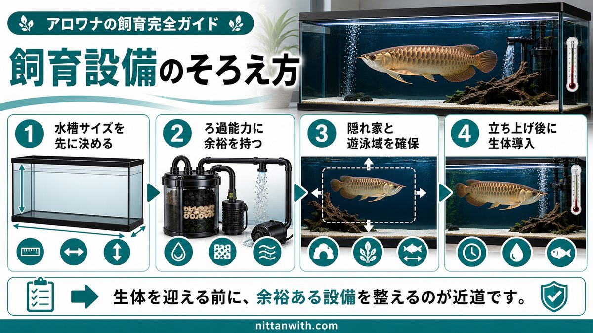 アロワナ飼育に必要な水槽と設備の要点をまとめた淡水魚飼育インフォグラフィック