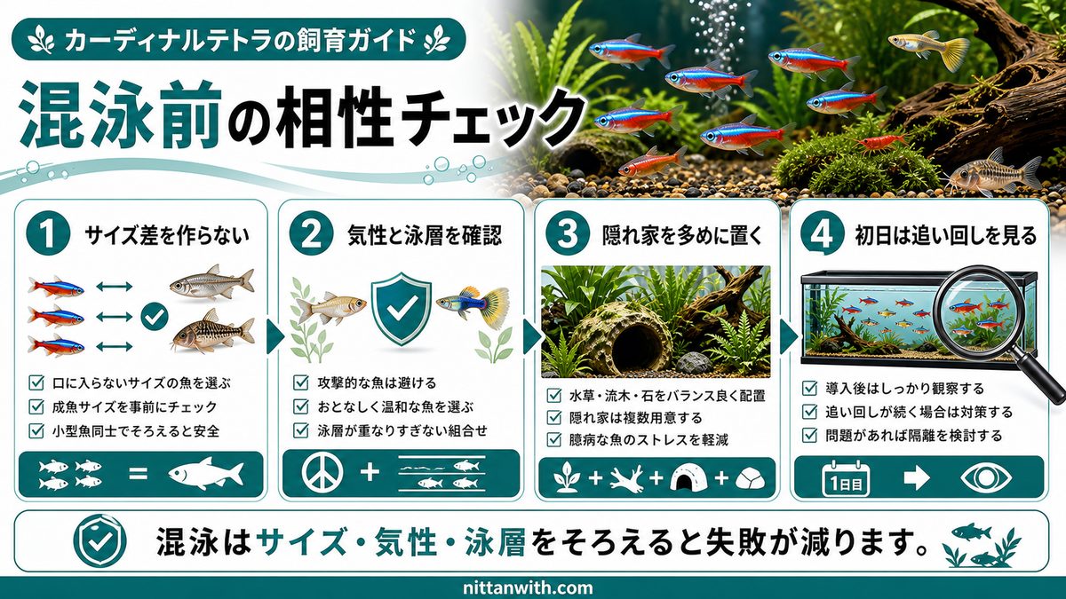 混泳の相性と注意点の要点をまとめた淡水魚飼育インフォグラフィック