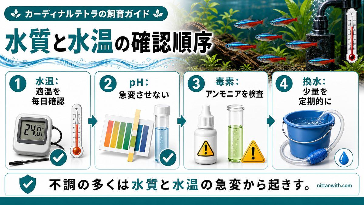 水質管理の基本と実践の要点をまとめた淡水魚飼育インフォグラフィック