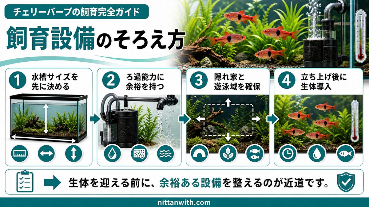 飼育に必要な機材と水槽の選び方の要点をまとめた淡水魚飼育インフォグラフィック