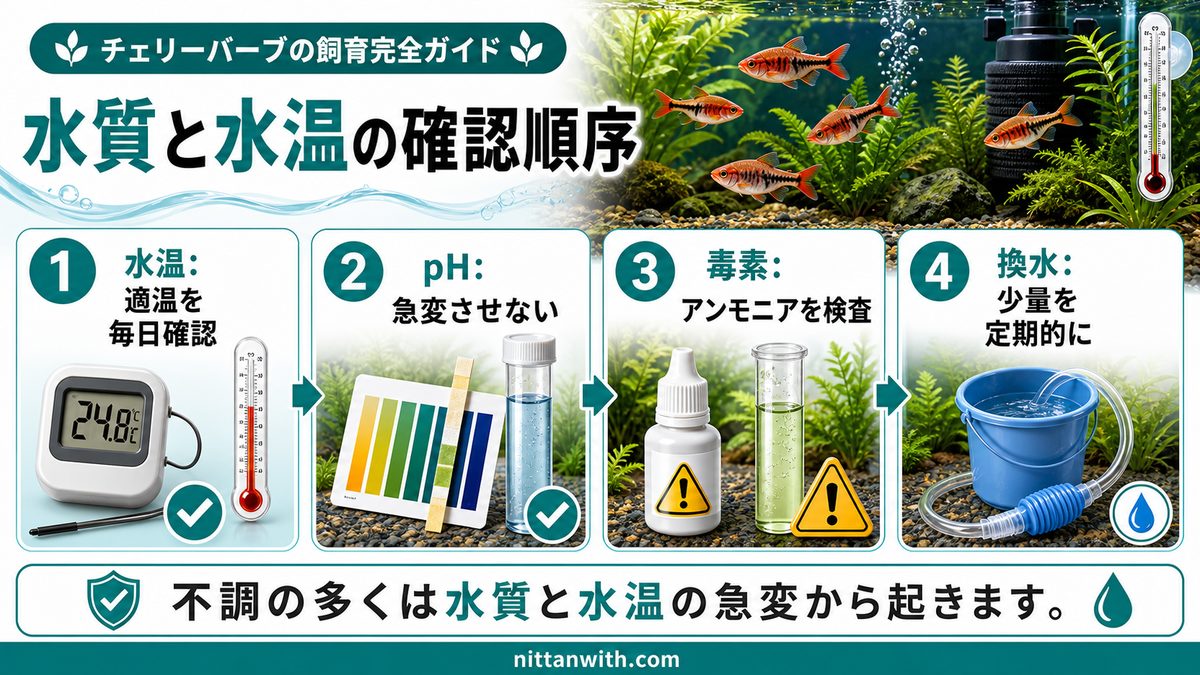 水質管理と最適な飼育環境の要点をまとめた淡水魚飼育インフォグラフィック