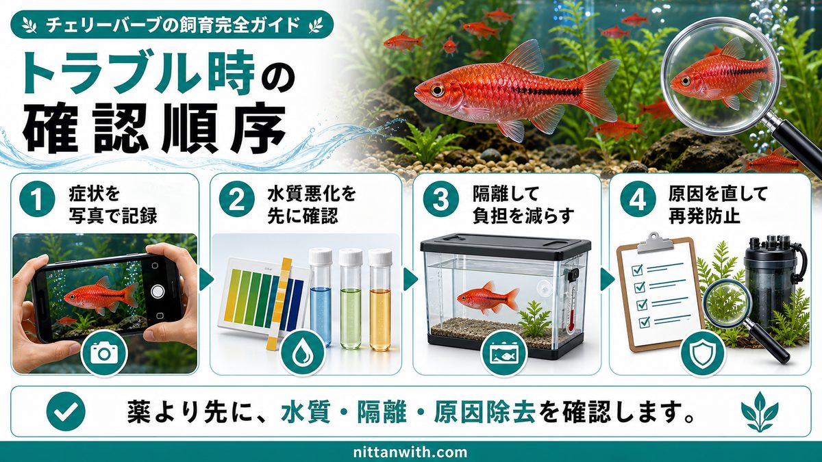 病気の予防と対処法の要点をまとめた淡水魚飼育インフォグラフィック
