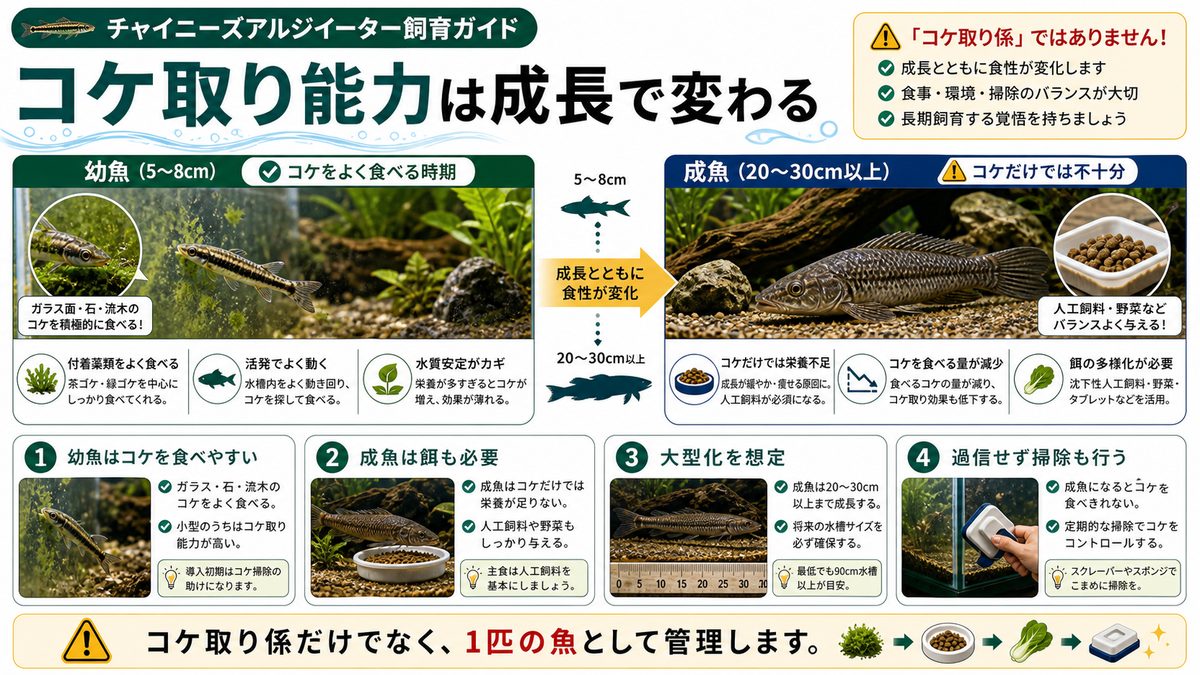 コケ取り能力の実態|幼魚と成魚では全く違うの要点をまとめた淡水魚飼育インフォグラフィック