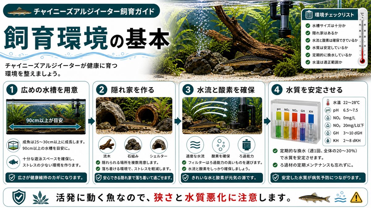 飼育環境の整え方の要点をまとめた淡水魚飼育インフォグラフィック
