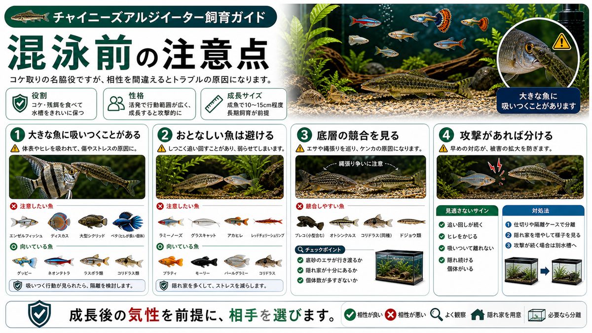 混泳の注意点|相性の良い魚・悪い魚の要点をまとめた淡水魚飼育インフォグラフィック